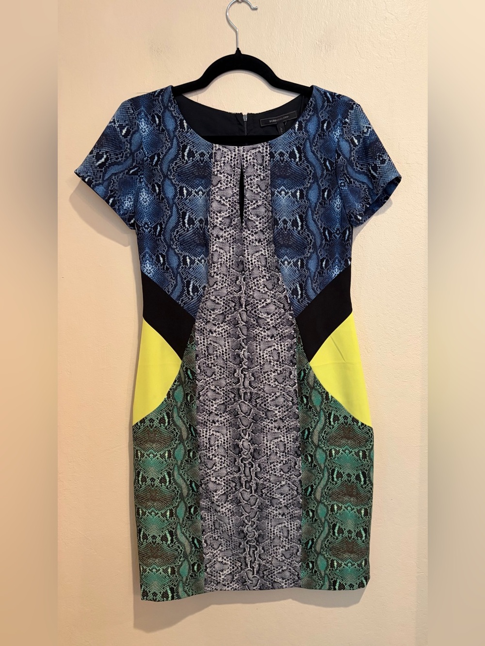 Y2K BCBG Multicolor Faux Snakeskin Sheath Dress, Keyhole Front, Size S